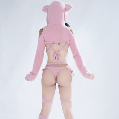 Cute Pink Soft Fluffy Fur Bikini Bear Cosplay Set