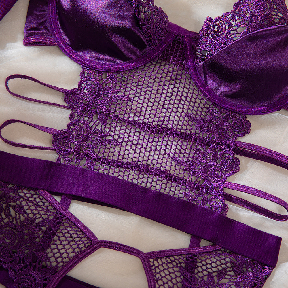 Sexy Lace Corset Garter Belt 4 Piece Lingerie Set Purple