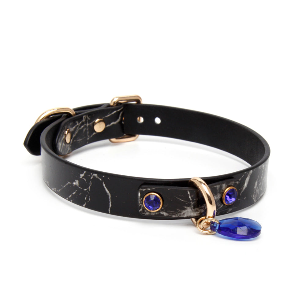 Marble-Pattern Leather Collar with Blue Crystal Rhinestone