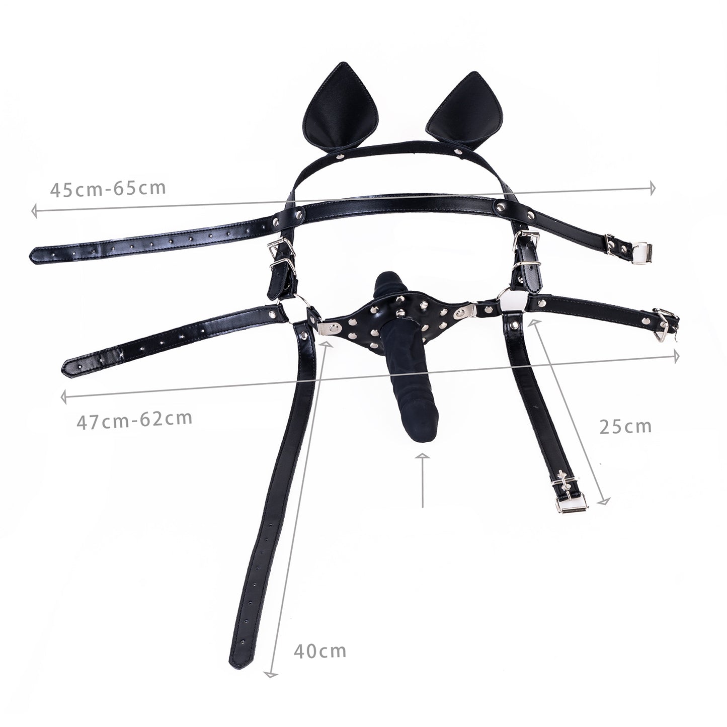 Pet play head harness with puppy ears and dildo gag worn in pup play scene