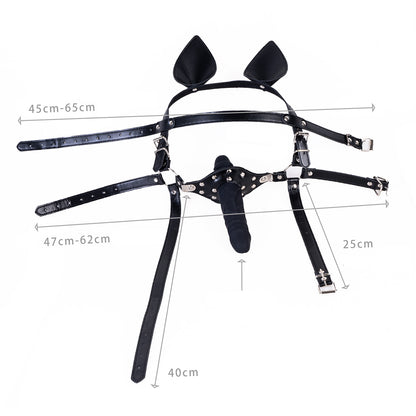Pet play head harness with puppy ears and dildo gag worn in pup play scene