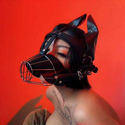 Human Muzzle Metal Pet Play with Metal Cage