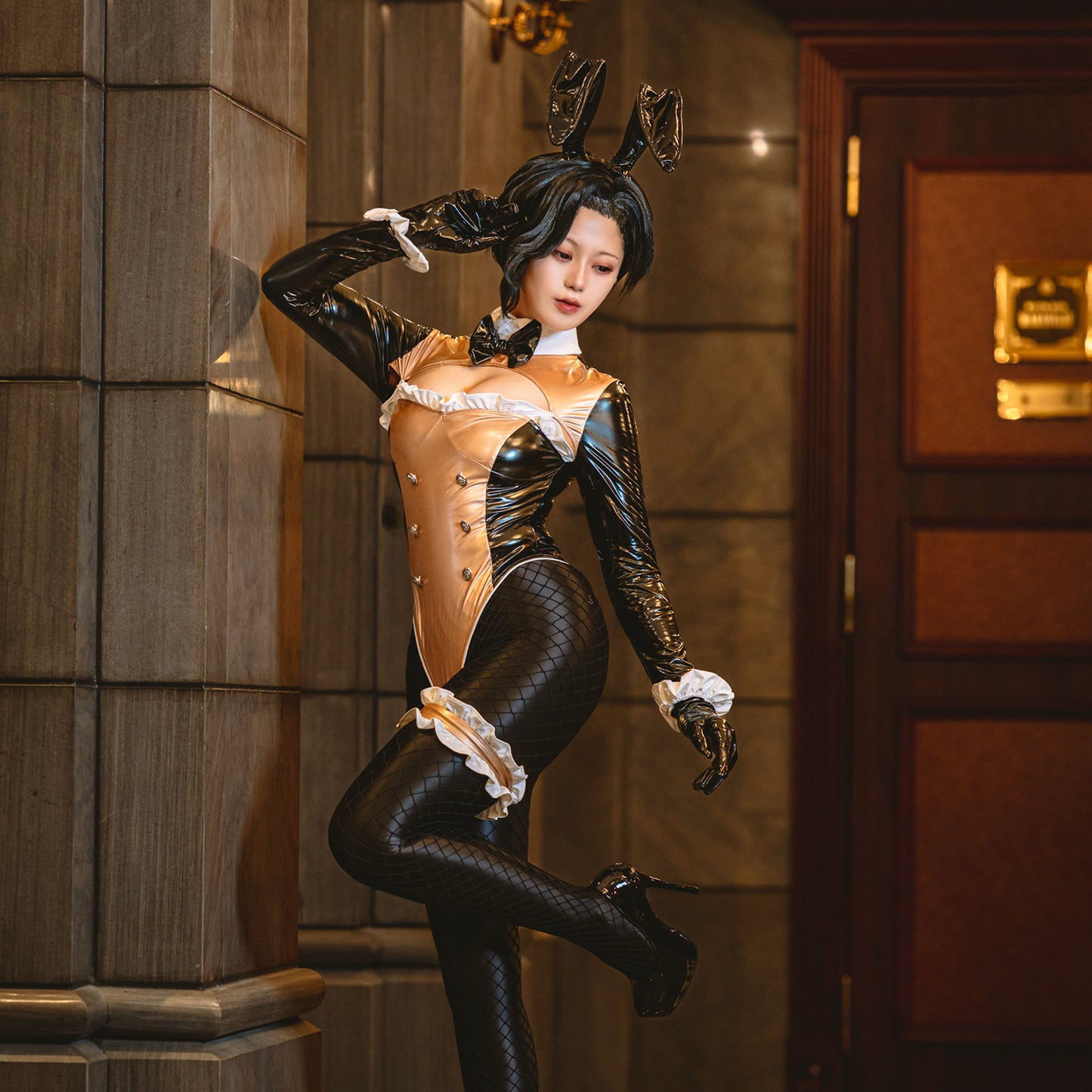 Luxury Enamel Bunny Girl High-Leg Long Sleeve Bodysuit Costume Navy Blue/Champagne Gold