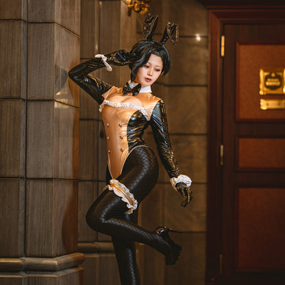 Luxury Enamel Bunny Girl High-Leg Long Sleeve Bodysuit Costume Navy Blue/Champagne Gold