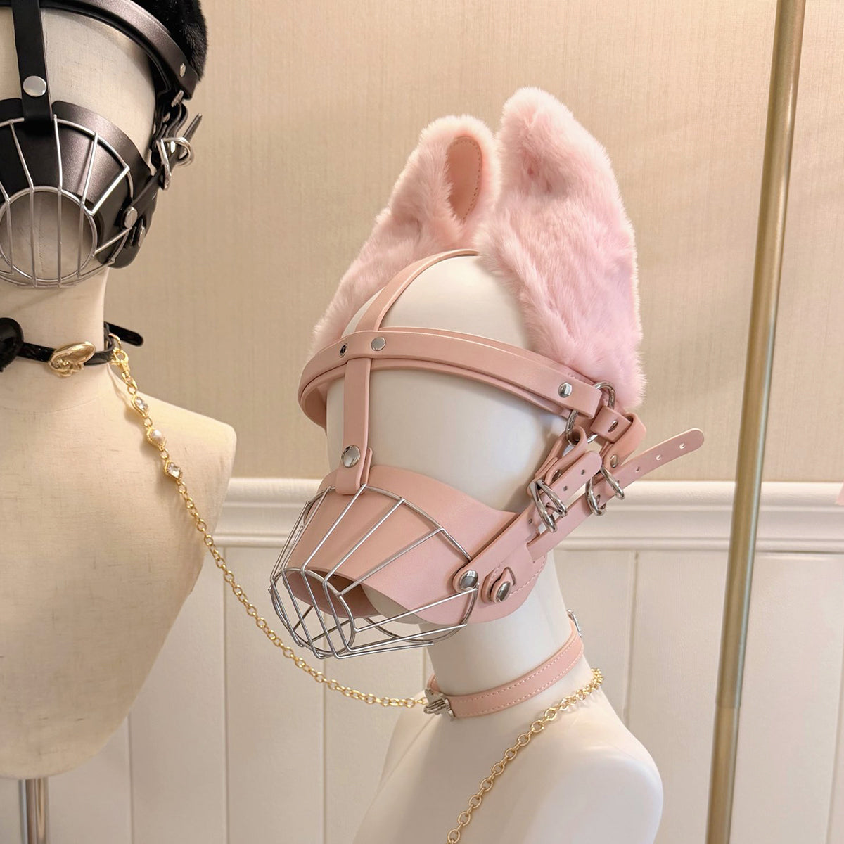Fluffy Puppy Ears Metal Cage Muzzle – Stainless Steel BDSM Pet Play Restraint