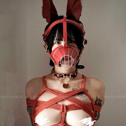 Glossy Red Metal Cage Human Muzzle Mask - Feral Fluffy Ears
