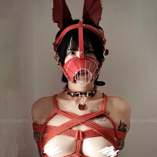 Glossy Red Metal Cage Human Muzzle Mask - Feral Fluffy Ears