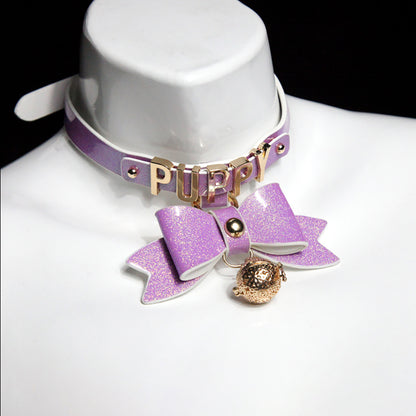 Sparkling Cute Ribbon with Glowing Bell Bondage Collar Black/Pink/Purple