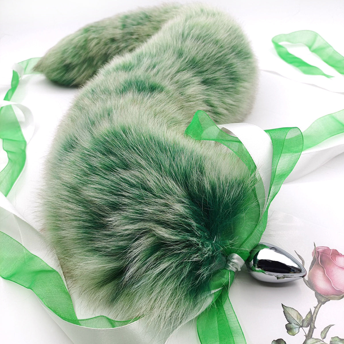 Green Gradation Lush Fluffy Tail Butt Plug with Ribbon - Customizable Tail Length & Plug Size