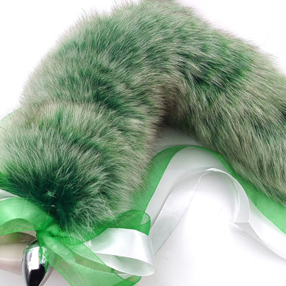 Green Gradation Lush Fluffy Tail Butt Plug with Ribbon - Customizable Tail Length & Plug Size