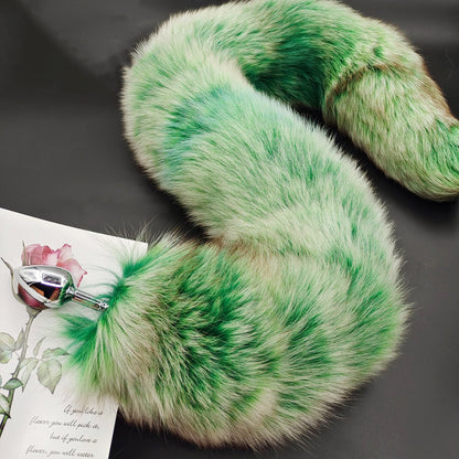 Green Gradation Lush Fluffy Tail Butt Plug with Ribbon - Customizable Tail Length & Plug Size