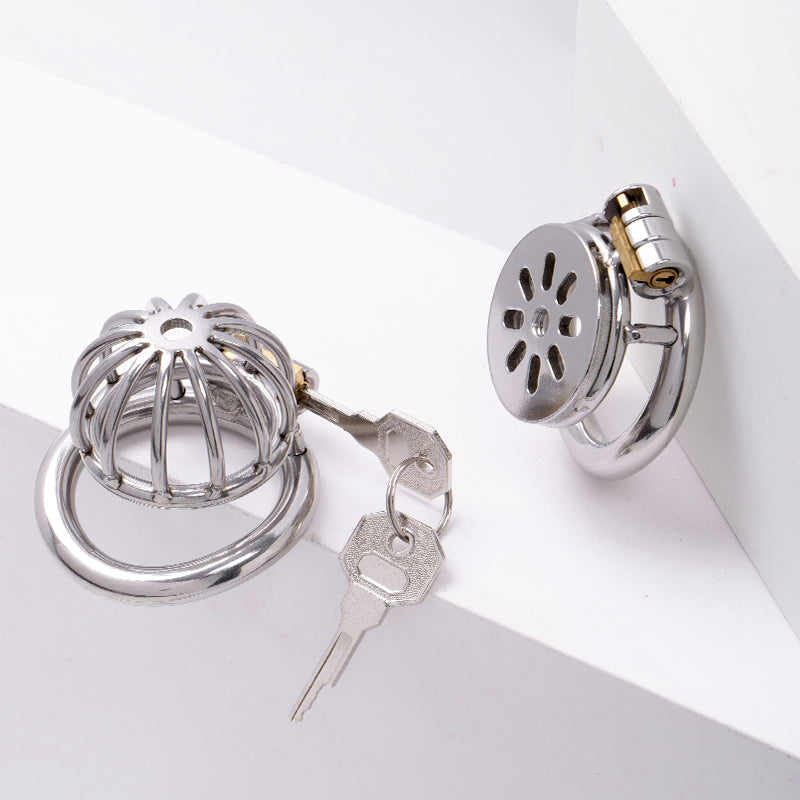 Side view of the Flat Style Stainless Steel Chastity Cage showing the secure locking mechanism on SexyMaker