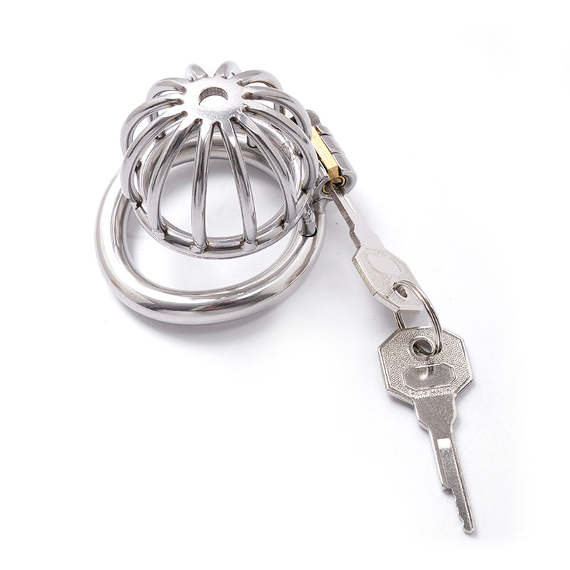 Side view of the Flat Style Stainless Steel Chastity Cage showing the secure locking mechanism on SexyMaker