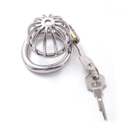Side view of the Flat Style Stainless Steel Chastity Cage showing the secure locking mechanism on SexyMaker