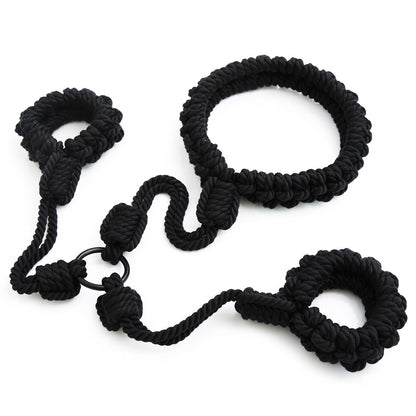 Hand-Woven Cotton Rope Neck to Wrist Restraint - Black