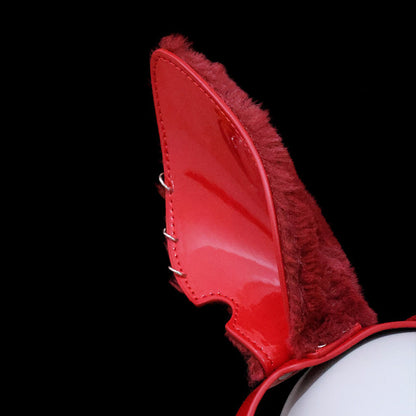 Glossy Red Metal Cage Human Muzzle Mask - Feral Fluffy Ears