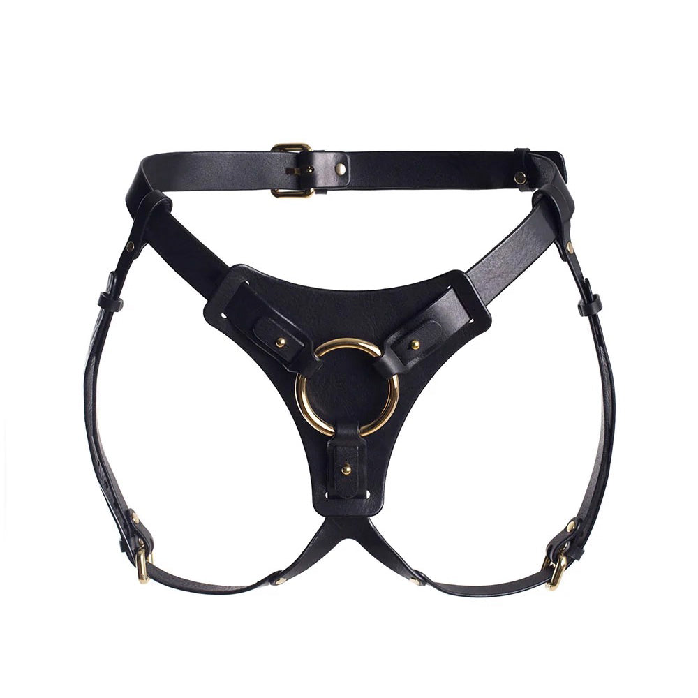 Lesbian Pants with Clear Dildo Black Vegan Leather Strap On Harness