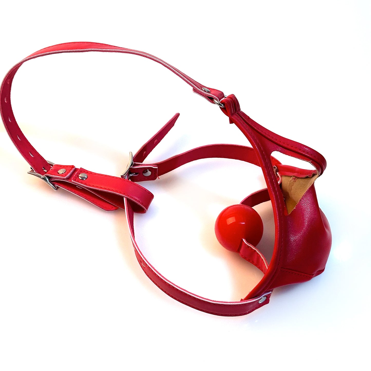 Glossy Vegan Leather Head Harness Ball Gag - Forced Open-Mouth Mask