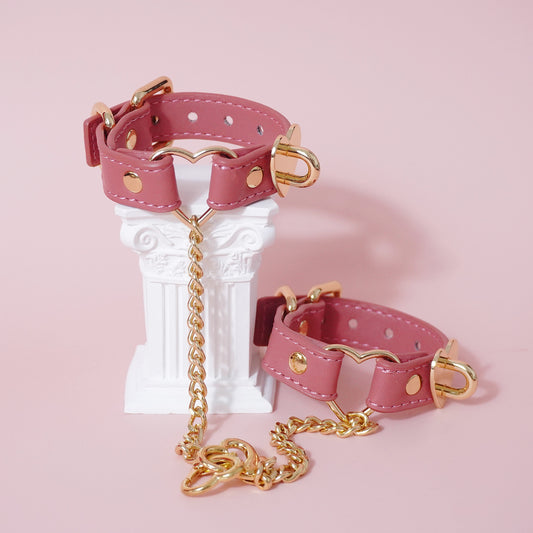 Pastel Pink Genuine Leather Bondage Cuffs – Gold Heart Hardware