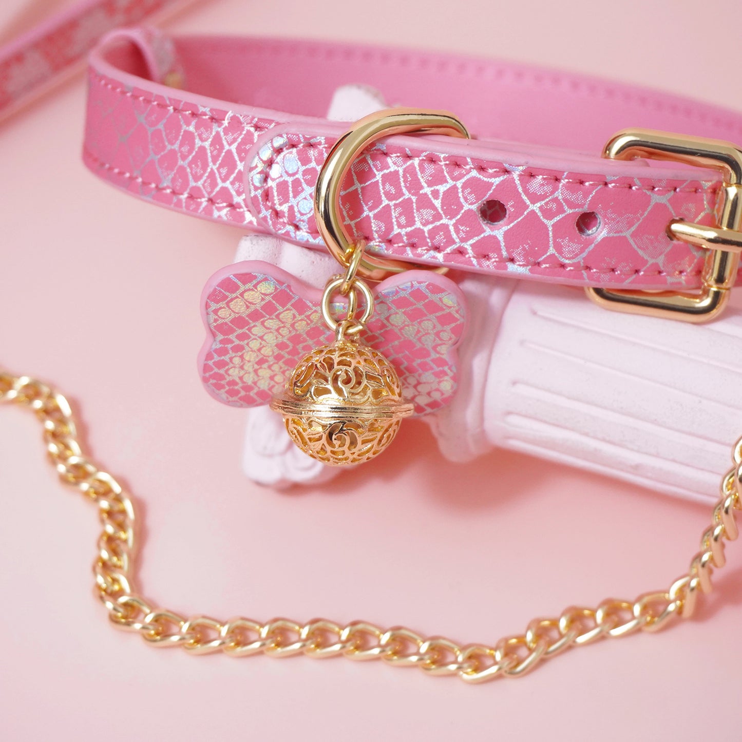 Seductive Dog Bone Charm BDSM Collar with Bell & Leash Pink/Black