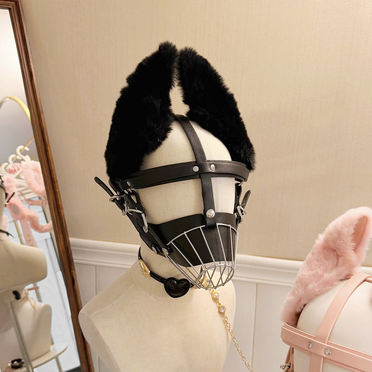 Fluffy Puppy Ears Metal Cage Muzzle – Stainless Steel BDSM Pet Play Restraint