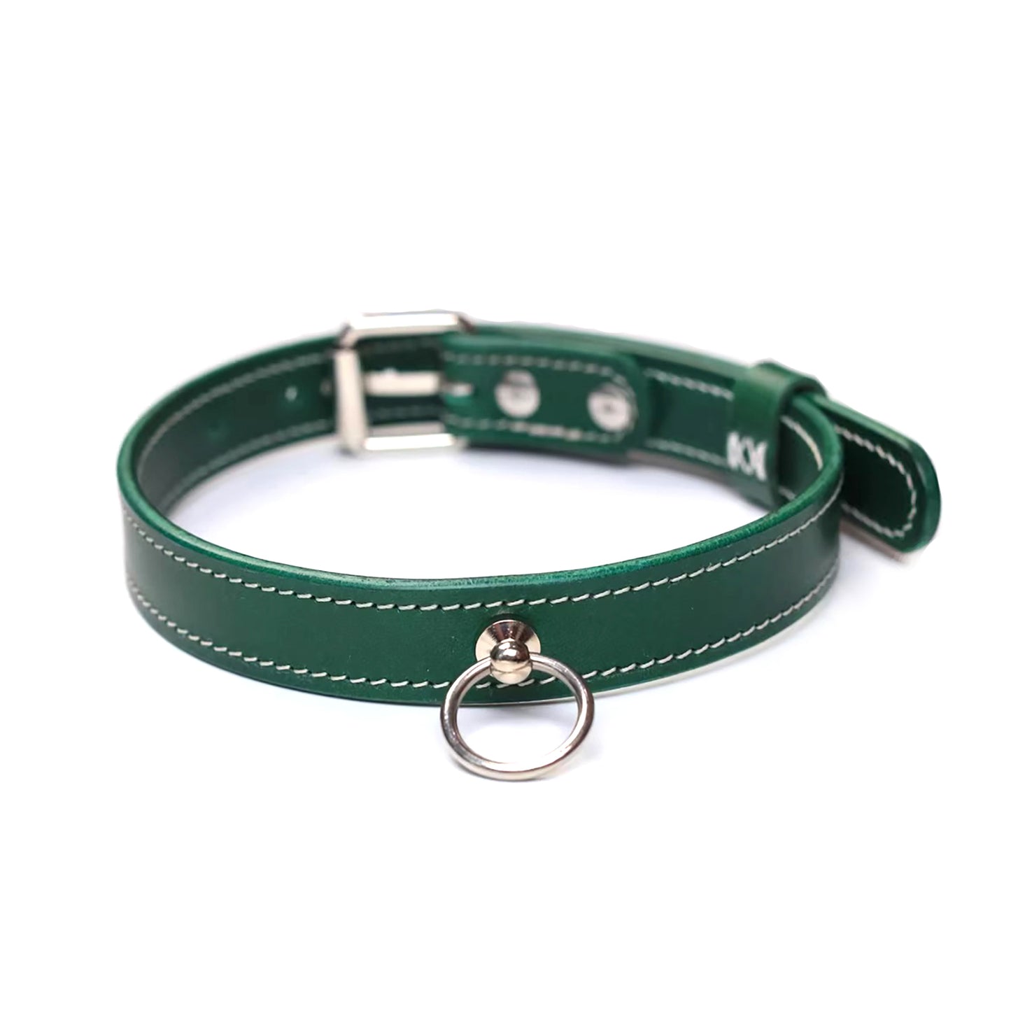 premium dark green Italian Buttero leather BDSM collar and leash set with silver hardware by Sexy Maker.