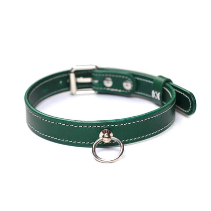 premium dark green Italian Buttero leather BDSM collar and leash set with silver hardware by Sexy Maker.