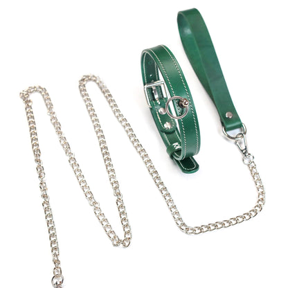 premium dark green Italian Buttero leather BDSM collar and leash set with silver hardware by Sexy Maker.