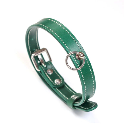 premium dark green Italian Buttero leather BDSM collar and leash set with silver hardware by Sexy Maker.