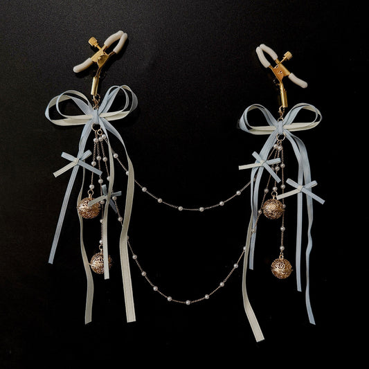 BDSM Pastel ribbon and faux pearl chain nipple clips sweet fetish jewellery