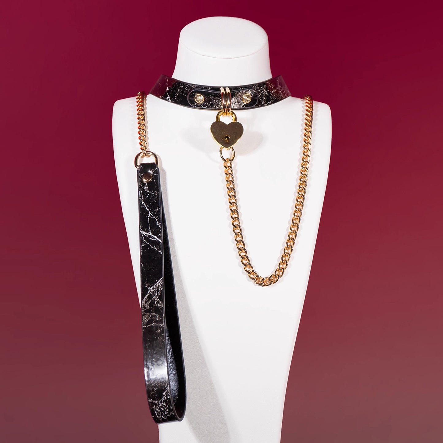 Heart-Shaped Lock Marble-Pattern Leather Bondage Collar with Leash