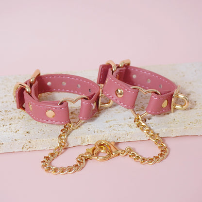 Pastel Pink Genuine Leather Bondage Cuffs – Gold Heart Hardware
