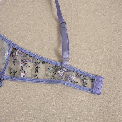 Lavender Floral Embroidery 3-Piece Lingerie Set with Garter Belt