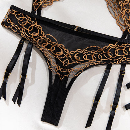 Black&Gold Chain Lace Lingerie Set – Luxury Seductive 3-Piece Garter Set