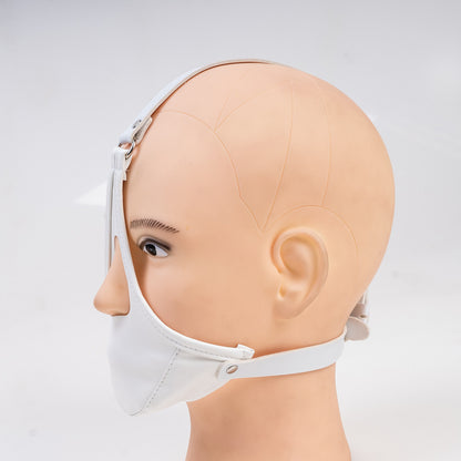 Profile view of glossy vegan leather head harness ball gag mask for forced open mouth BDSM restraint, available in multiple colors by Sexy Maker.