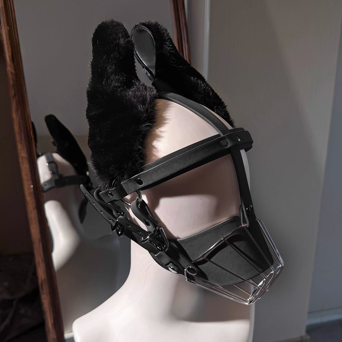 Fluffy Puppy Ears Metal Cage Muzzle – Stainless Steel BDSM Pet Play Restraint