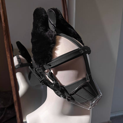 Fluffy Puppy Ears Metal Cage Muzzle – Stainless Steel BDSM Pet Play Restraint