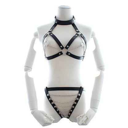 3-piece black leather harness set – top shorts and nipple covers flat lay