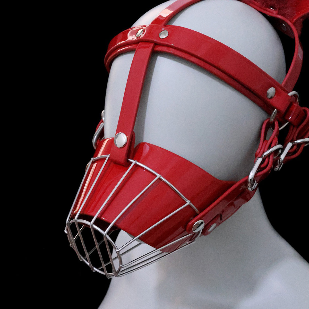 Glossy Red Metal Cage Human Muzzle Mask - Feral Fluffy Ears