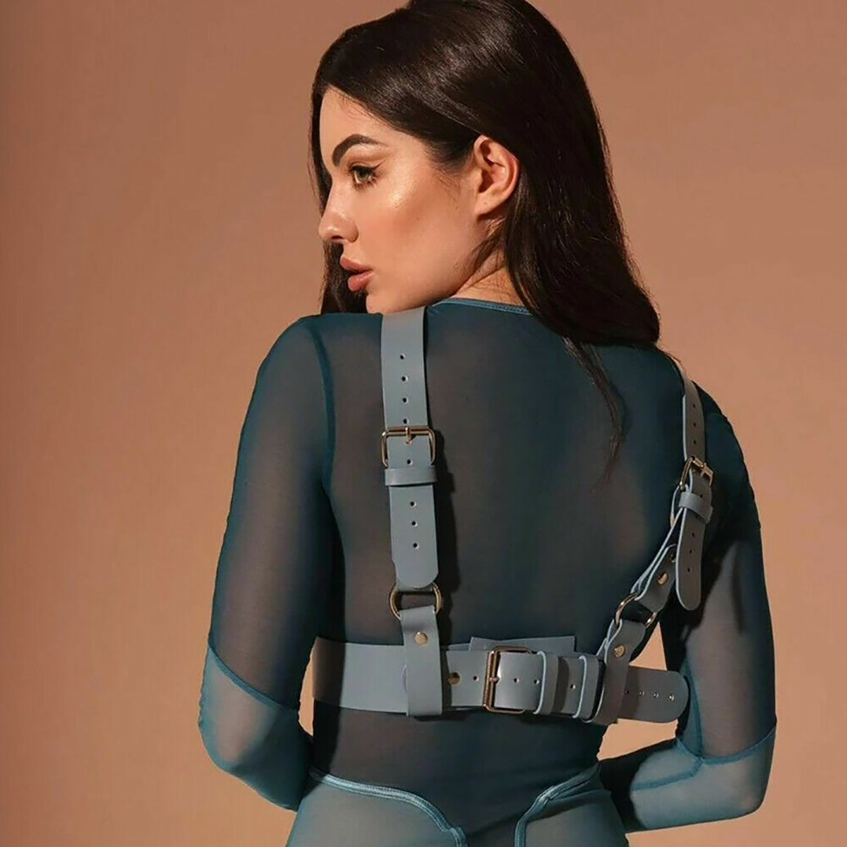 Blue Bondage Body Harness Set & Detachable Cuffs