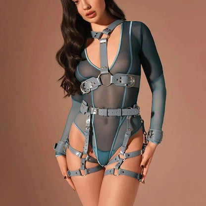 Blue Bondage Body Harness Set & Detachable Cuffs