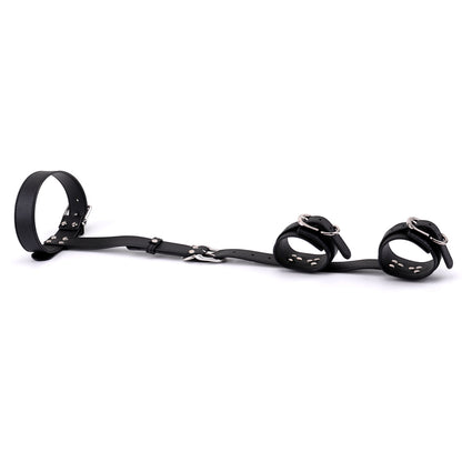 Slave Bondage Leather Neck to Wrist Back Restraint Collar with Handcuffs